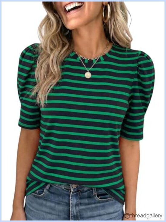 Tops - Womens Short Puff Sleeve Crew Neck Striped Tunic Tee Casual Summer Top